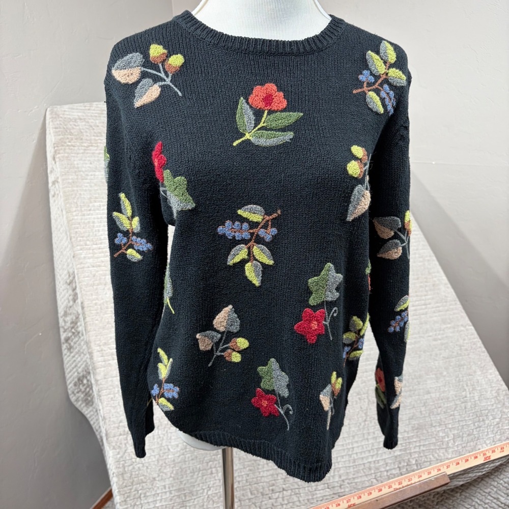 Talbots Black Linen Cotton Blend Floral Embroidered Crewneck Sweater Small